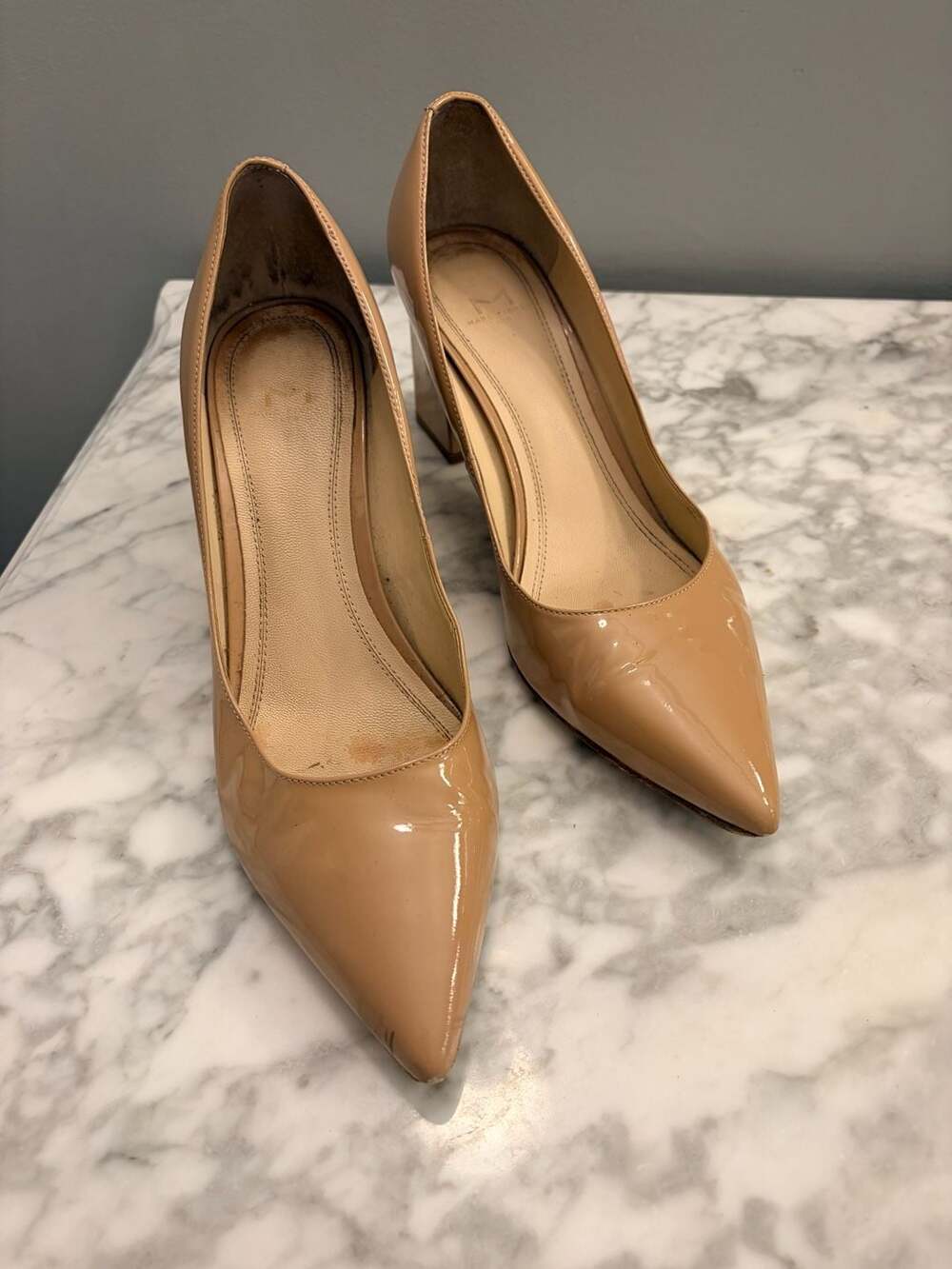 Marc Fisher LTD Nude Patent Pointed Toe Block Heel Pumps